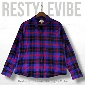LL BEAN Women’s Size SP Top Shirt Button Down Flannel Plaid Relaxed Fit Petite